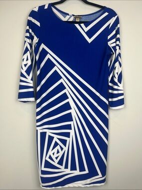 Haani Blue & White Geometric Long Sleeve Shift Dress Geometric Size Small